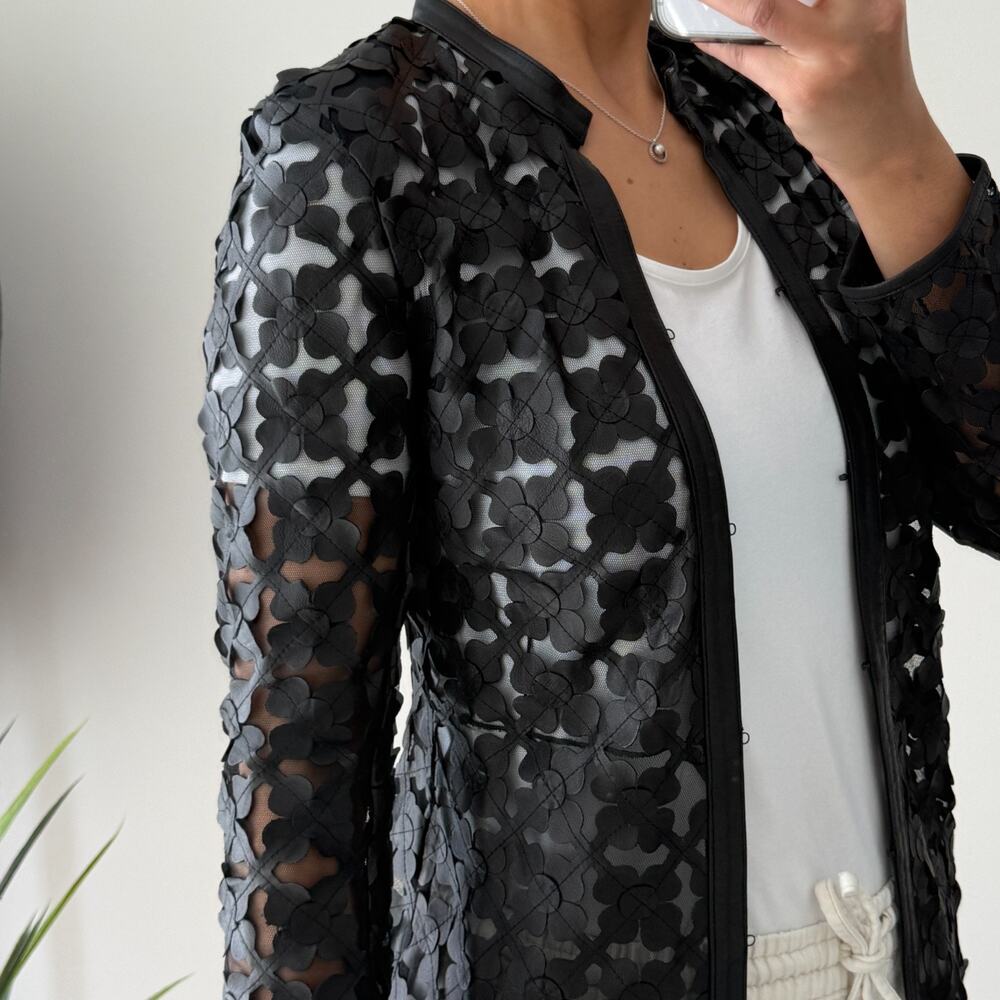 Lamb Leather Cut Out Duster Jacket Womens XS Black Mesh Floral Whimsigoth Art - Picture 3 of 12